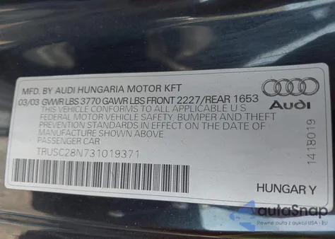 2003 Audi Tt 1.8L z USA, uszkodzony, nr VIN TRUSC28N731019371